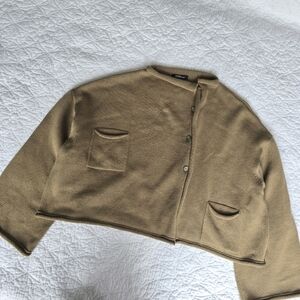 Crea Concepts Oversized Wide Sleeves Rolled Edge Knit Cardigan Sweater - Khaki